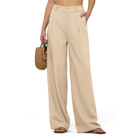 AVICHIC Women's Linen Pants Wide Leg Dressy Casual Beach Linen Pants Summer with Pockets 29" Khaki 3XL