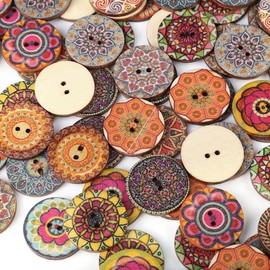 Botones de Madera Estampados, 100 Unidades de Botones Madera Vintage con Motivos Variados y 2 Agujeros para Decorar Ropa y Bolsos Hechos a Mano, Manualidades DIY, álbumes de Recortes, 25 mm Diámetro