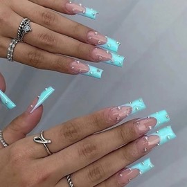 BABALAL Coffin Press on Nails Long Fake Nails Glossy Glue on Nails Pearl Acylic Nails Ballerina Green Stick on Nails for Women and Girls 24Pcs