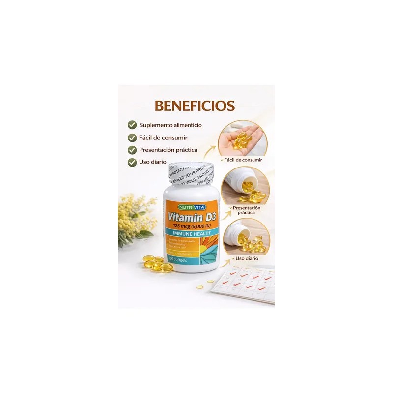 Vitamina D3 Nutrivita 5000 Ui 100 Softgels Suplemento Unidad