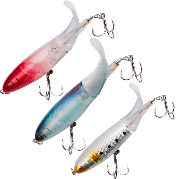 Tsling 3Pcs Topwater Fishing Lure Set,Artificial Bait Fishing Hook with BKK Hooks, Rotating Tail Fishing Tackle Bait,Surface Bass Pike Pencil Fishing Lure for Freshwater Saltwater