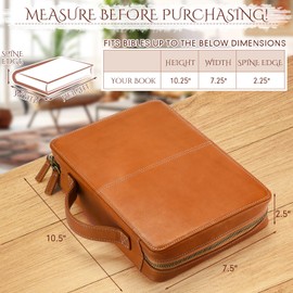 Clysee Top Grain Leather Bible Cover for Men Women Buffalo Genuine Leather Bible Case Book Holder Church Bag with Zipper Handle Back Pocket Bookmark Father's Day Religious Gift(Light Brown,Large)