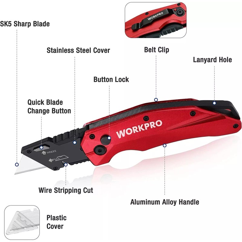 WORKPRO Folding Utility Knife Red with 10 Extra SK5 Blades