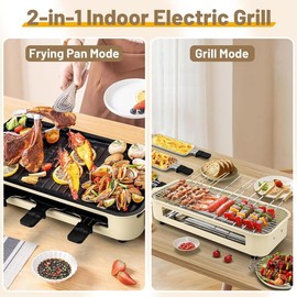 2 in 1 Indoor Grills, Electric Indoor Grill for Kitchen with Grill Net & Non-Stick Cooking Removable Plate, Portable Electric Korean BBQ Grill, Temperature Control, Smokeless Grill