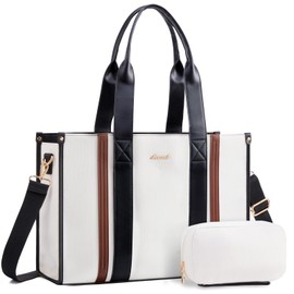 LOVEVOOK laptop bag for women 15.6 inch large canvas work tote bags with Clutch Purse water resistant computer bags for laptops for women Business Office Travel college Casual, Black White Brown