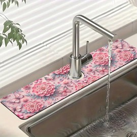 Pink Floral Sink Splash Guard Faucet Mat Flower Butterfly Super Absorbent Fast Drying Mat Sink Gadgets-Splash Guard Behind Faucet Drip Catcher for Kitchen Bathroom, 23.5"x5.5"