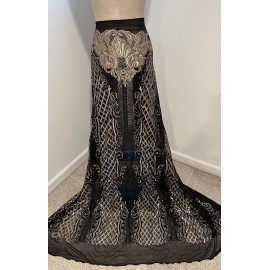 wowfabric4less123 Black Gold Embroidery 4way stretch sequin Lace fabric 50” Width 1 Yard