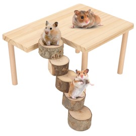 Wooden Hamster Climbing Platform Guinea Pigs Playground for Small Pets, Natural Wood Jumping Platform with Round Ladder for Hamsters, Chinchillas, Parrots, Bunny