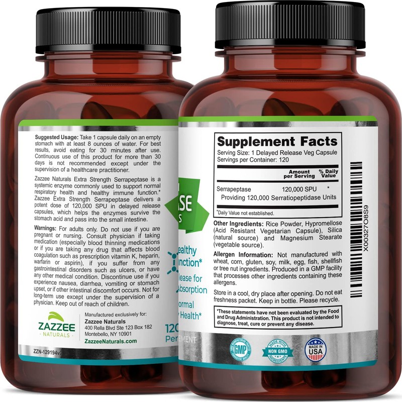 Zazzee Delayed Release Serrapeptase, 120,000 SPU per Capsule, 120 Vegan