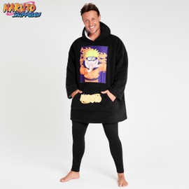 Naruto Blanket Hoodie for Men and Teenagers - Cosy Oversized Fleece Hoodie One Size Sherpa Lined - Anime Gifts for Men (Black/Orange)