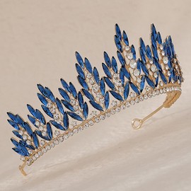 Rannyrena Gold Bride Wedding Tiara Crown for Women Elegant Royal Queen Crown Headband Glitter Crystal Princess Headpieces for Quinceanera Pageant Prom Birthday (02Gold-blue, Standard)