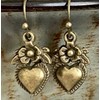 Bronze Etched Heart and Flower Charm Dangle Earrings Love Romance