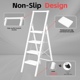 4 Step Ladder, DIAMONDFORGE Folding Step Stool with Wide Anti-Slip Pedal, Anti-Slip Feet and Handgrip, Sturdiest Steel Construction, Steel Ladder for Home, White