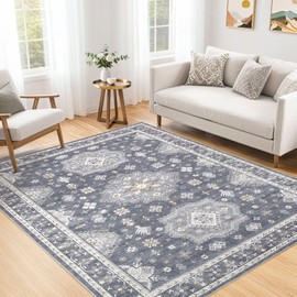 Washable Rugs for Living Room: Vintage Large 9x12 Area Rugs for Bedroom Dining Room for Under Table Soft Living Room Rug Stain Resistant Oriental Farmhouse Tribal Retro Accent Carpet - Denim Blue/Grey