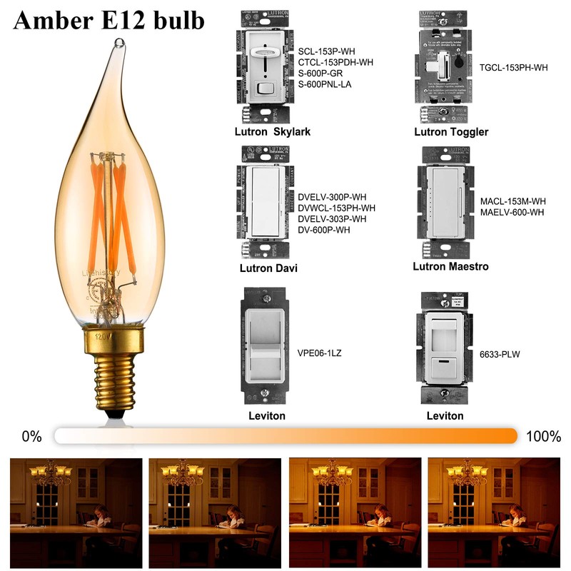 LiteHistory Dimmable 4W 2200K Amber CA10 led Bulb E12 Candelabra