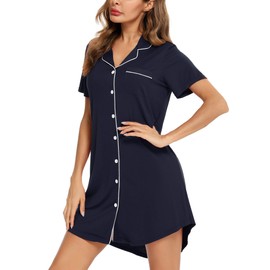 Women's Nightgown Short Sleeve Sleep Nightshirt Breastfeeding Loungewear Button Down Pajama Dress Navy Blue XX-Large