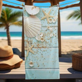 Nautical Style Starfish Hand Towels Seashells Beach Blue Wooden Bath Towels Soft Kitchen Dish Towels 13.6 X 29' for Household Daily Use | Home Decoration | Carry-On Hotel Gym Spa Sweat Towels