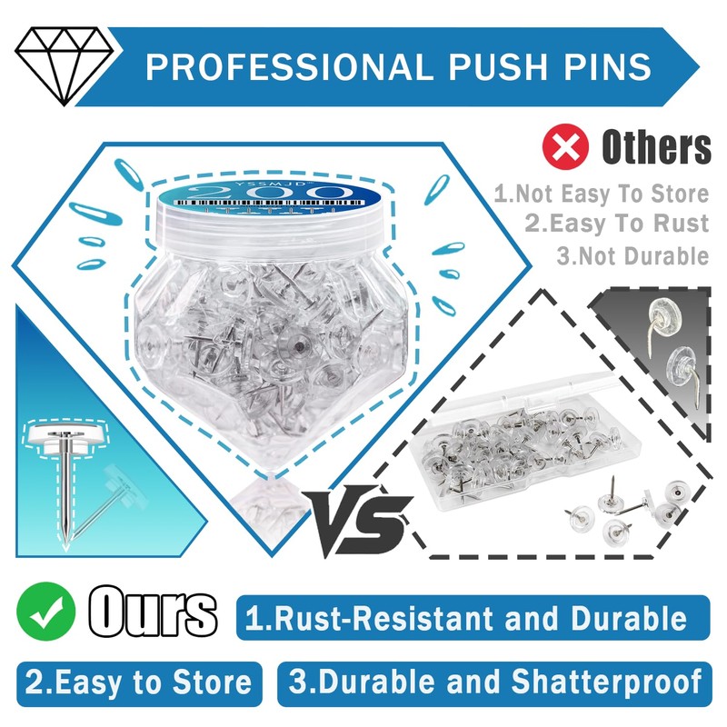 200 Pcs Clear Push Pins Tacks Count in Diamond-Shaped Can