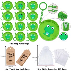 Elecrainbow 36 Pack Frog Change Purses Set Include 12 Wallets with Keyring,12 Thank You Tags and 12 Organza Bags for Green Frog Lover,Baby Shower,First Birthday Reptile Camping Decor,Green