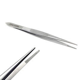 Micro Precision Surgical Forceps with Serrated Tips Stainless Steel Lab Tweezers - Strong Point Straight Tips- 4.5 Inch - Essential Labware Supplies & Lab Starter Kit Tweezers