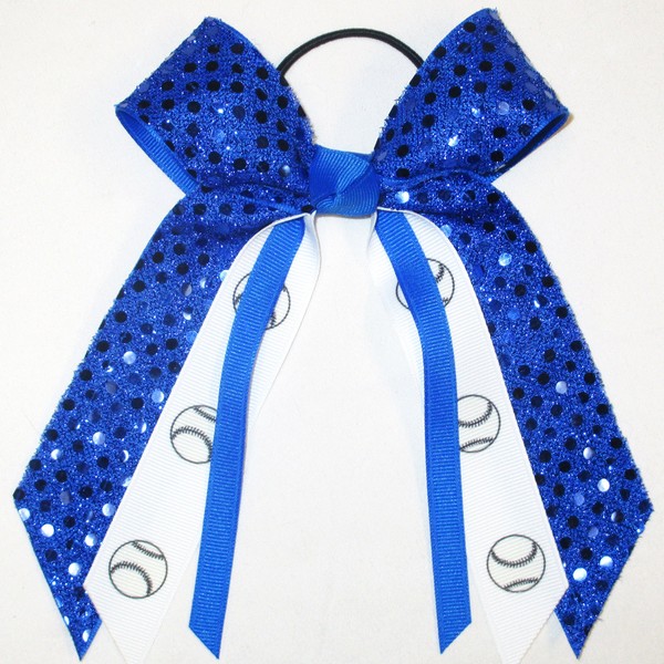 Softball, Baseball Soft Touch Sequin Hair Bow, Made in the USA, Avail in Many Colors, White Pony Band, (Royal)