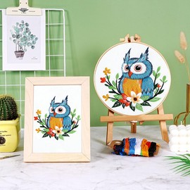 Embroidery Kit for Adults Beginners, Embroidery Starter Kit with Owl Flower Pattern, Cross Stitch Kits Include Embroidery Cloth Hoops Needles Instruction and Threader