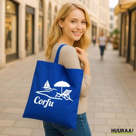 Huuraa Tote Bag Corfu Griechenland Geschenk 10 Liter Bright Royal Baumwolle Corfu Mitbringsel