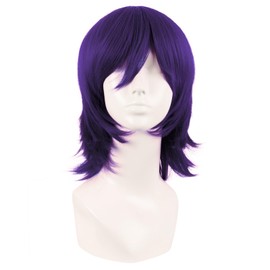MapofBeauty 14 Inches / 35 cm Short Cosplay Anime Wig with Pony Wolf Tail Synthetic Hair Fibres for Parties Wig (Dark Purple)