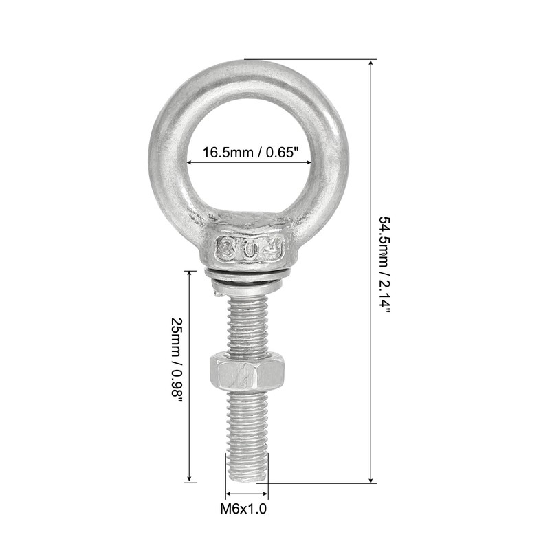 sourcing map M6 1/4"x0.98" Stainless Steel Eye Bolts Threaded Screw