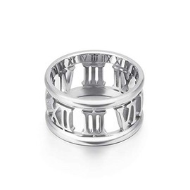 Elefezar Cut Out Roman Numeral Ring Stainless Steel Openwork Jewelry Wedding Band Gifts for Women, Metal, Cubic Zirconia