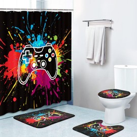 Bribay 4 Piece Shower Curtain Sets, Colorful Blue Red Green Orange Game with Non-Slip Rugs, Toilet Lid Cover and Bath Mat, for Bathroom Decor Set, 72" x 72"