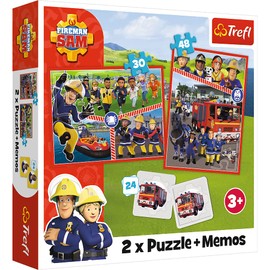 Trefl -Fireman Sam, Fireman Sams Team - 3-in-1: 2x Puzzles + Memory Game, Puzzle with Fireman Sam's Heroes, 30 and 48 Elements, Various Difficulty Levels, 24 Memos, Fun for Children from 3 Years