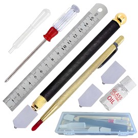 Glass Cutting Kit with Ruler, Oil Bottle, Scoring Tools and Case, 3-14mm，Glass Cutting Tool Wite Carbide Tip Scriber,Steel Ruler,3 Pencil Style Oil Feed Carbide Tip, for Mirrors/Tiles/Mosaic