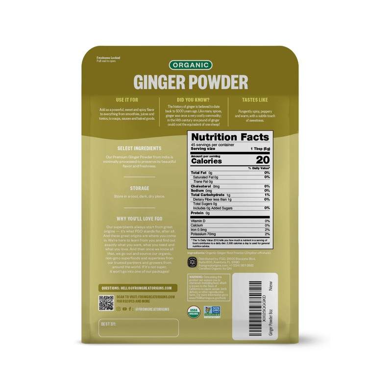 FGO Organic Ginger Powder, Imported from India, 8oz, Packaging May