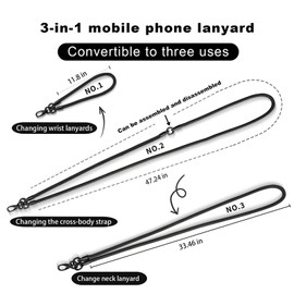 3-in-1 Phone Lanyard, Anti Theft Phone Strap, Wrist Strap Multifuctional Patch Lanyards Compatible with Most Smartphones(Black)
