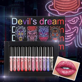 12 Pieces Metallic Diamond Liquid Glitter Shimmer Lipstick Matte Black Lipstick Set Tinted Lip Gloss Rich Pigment Long-Lasting Non-Stick Cup Waterproof Lip Glaze (ABCD)