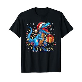 Dinosaur Santa Hat Xmas for Boys Girls Christmas Tree Lights T-Shirt