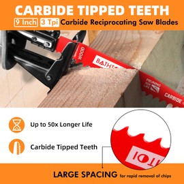 5 Pack 9 Inch 3 Tpi Carbide Reciprocating Saw Blades for Wood Cutting and Tree Trimming, Pruning Sawzall Blades with Carbide Tipped Teeth for Longer Life and Faster Cutting Speed
