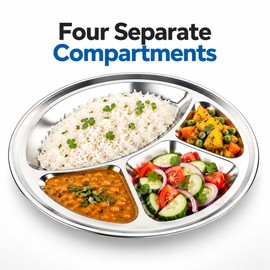 4-Grid Stainless Steel Serving Plate 32cm – Polished Divided Dinner Tray for Family Meals, Restaurants & Picnics