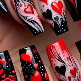24 Pcs Valentine’s Day Press on Nails Medium Long Fake Nails with Glue Coffin False Nails Red Black Heart Nails Press ons Valentines Nails Glossy Glue on Nails Holiday Stick on Nails for Women