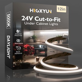 HRGXYUN Under Cabinet Lighting LED Strip - 24V Flexible Under Shelf Light with Adhesive Backing, 5000K Cool White 810LM/M LED Strip for Closet, Pantry,12in/1ft (Cut-to-Size),Hardwired,No Power Supply