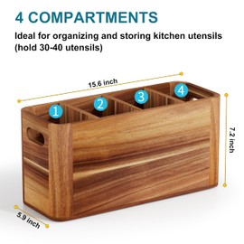 Segtenant Utensil Holder for Kitchen Counter, Extra Large Utensil Holder for Countertop with 4 Compartments Wooden Cooking Utensil Organizer for Spatula Kitchen Storage, Acacia Wood