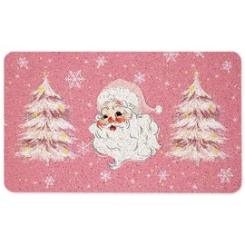 WARDOS Pink Christmas Santa Door Mat, Winter Christmas Tree Doormat for Front Door Indoor Outdoor Entrance Porch, Preppy Xmas Santa Welcome Mat Outside, Xmas Winter Bath Mats, 17x30 Inches