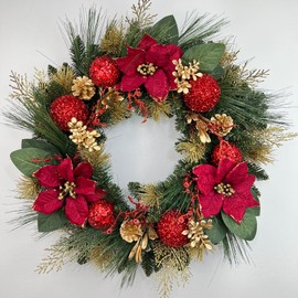 24 Inch Christmas Wreath for Front Door with Pine Needles, Pinecones, Gold Decorations Accents Artificial Christmas Wreath for Indoor/Outdoor Wall Windows,Christmas Thanksgiving Decorations