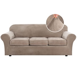 Art Cov3R 4 Pieces Velvet High Stretch Couch Covers for 3 Cushion Sofa Slipcovers, Washable Furniture Protector with Non Slip Elastic Bottom, Feature Soft and Thick Plush Fabric