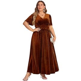 Simplee Women's V Neck Plus Size Velvet Maxi Dress Fall Short Sleeve Evening Party Long Formal Dress for Wedding Guest(2XL Burnt Orange)