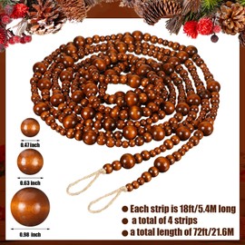 Loetere 4 Pcs 72 ft Christmas Tree Wood Bead Garland Christmas Wooden Beads Garland Hanging Boho Xmas Decor Rustic Farmhouse Home Decor for Table Wall Holiday Mantel Ornaments (Brown)
