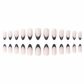 Foccna French Black Press on Nails Medium, Pearl Fake Nails Almond Acrylic False Nails,Artificial Nails for Women and Girls-24pcs