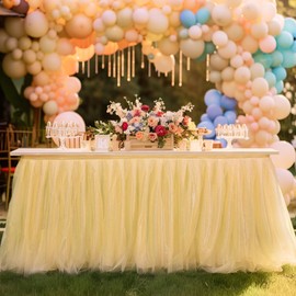Phantomon 6ft Tulle Table Skirt for Baby Showers Ruffle Tutu Tablecloth for Rectangle or Round Tables, Desk Skirt for Birthday Party, and Dessert Table Decorations with Bow Banner Set (Champagne)