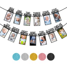 Black 1st Birthday Baby Photo Banner for Boys Girls Newborn to 12 Months Party Decoration, Monthly Milestone Photograph Bunting Garland, First Birthday Celebration Decoration